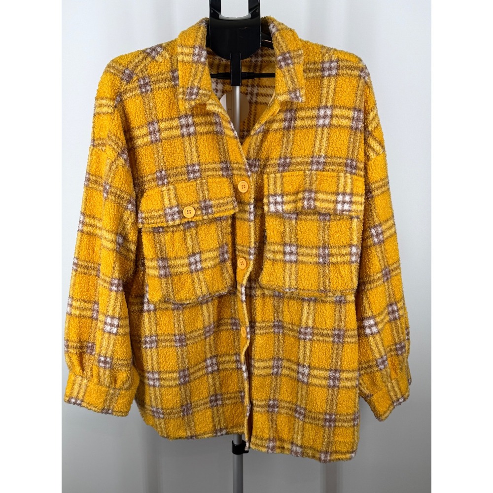En Creme Yellow Plaid Sherpa Shacket Womens Small Oversized Button Up Jacket NEW